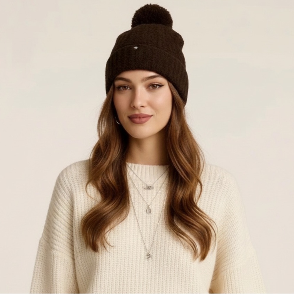 Barefoot Dreams Dark Brown Beanie with Pom-Pom